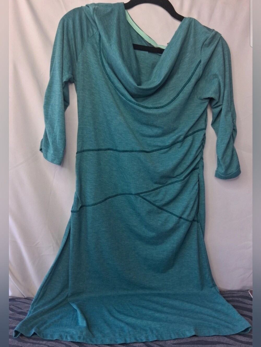 Athleta Teal Ukiah Cowl Neck 3/4sleeve Ruched Dress Womens M